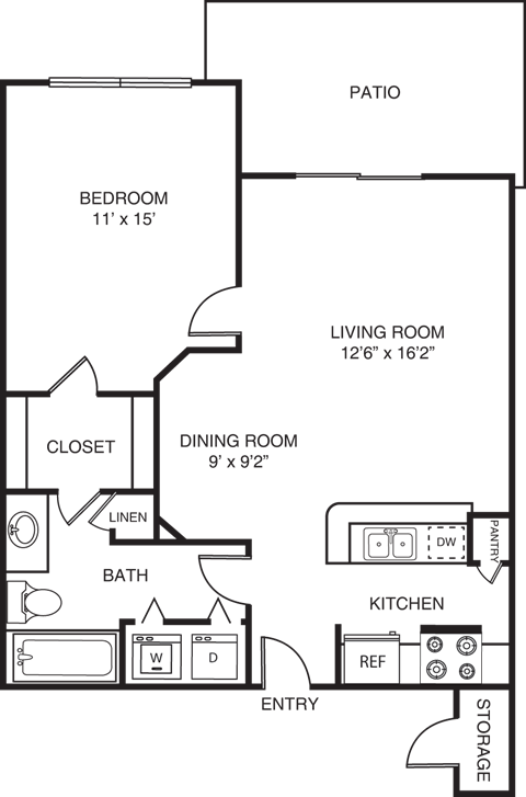Floor plan for 1 bed, 1 bath, 675 sqft